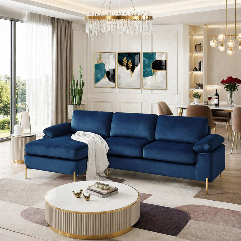 Canapé modulaire en velours avec méridienne Shannon, Bleu
