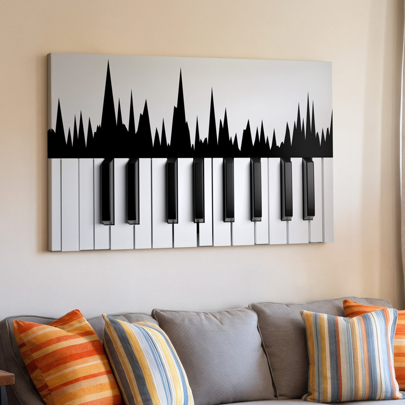 La toile crée un design minimaliste mettant en vedette un clavier de piano stylisé parfaitement intégré avec une onde sonore