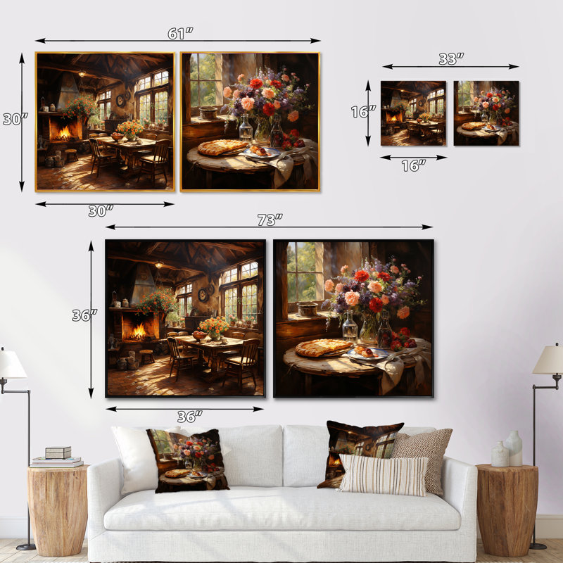Rustic Elegant Flower Pizza Country Home - Ensemble de 2 collages carrés à pizza, Cadre flottant doré, H 30 po x l 61 po