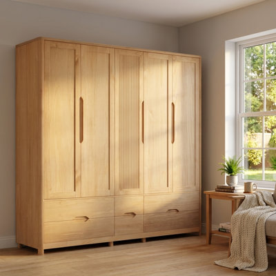 Nest Solid Wood 5-Door Wardrobe, 86.6-Inch Wide Armoire with Dual Hanging Rods, Shelves, and 6 Drawers