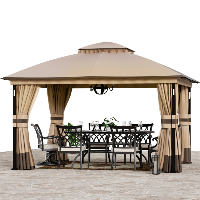 Louvre 13' x 11' LED Self-Power Lights Steel Double Roof Soft Top Gazebo with Waterproof Canopy and Curtain