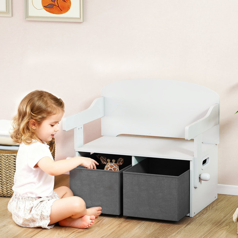 AIYAPLAY 3 in 1 Kids Storage Bench with 2 Removable Fabric Bins, White