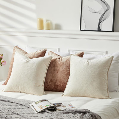 Paquet de 4 housses de coussin en chenille de 20 po x 20 po, housses de coussin carrées épaisses et moelleuses, coussins décoratifs unis neutres pour canapé-lit dans la chambre à coucher, 2 café blanc / 2 lumières ou café 4 lumières