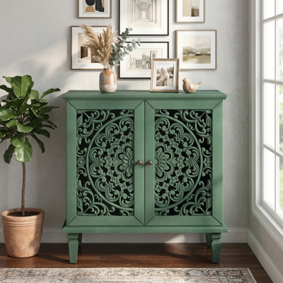 32" Vintage Hollow-Carved 2-Door Accent Cabinet with Adjustable Shelf and Solid Wood Legs