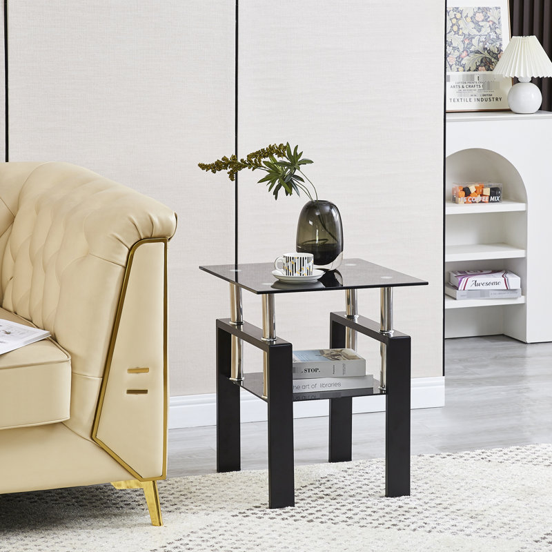 Table d'appoint en verre trempé avec rangement, idéale pour les petits espaces, montage rapide et facile. Design moderne noir. Assemblage facile.