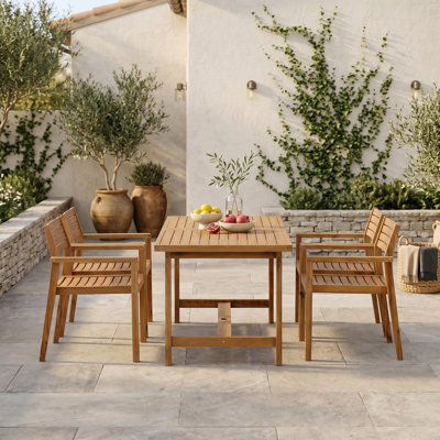 5-Piece Acacia Wood Outdoor Dining Set of 4, Patio Dining Table Set with Umbrella Hole, Suitable for Patio, Lawn and Poolside
