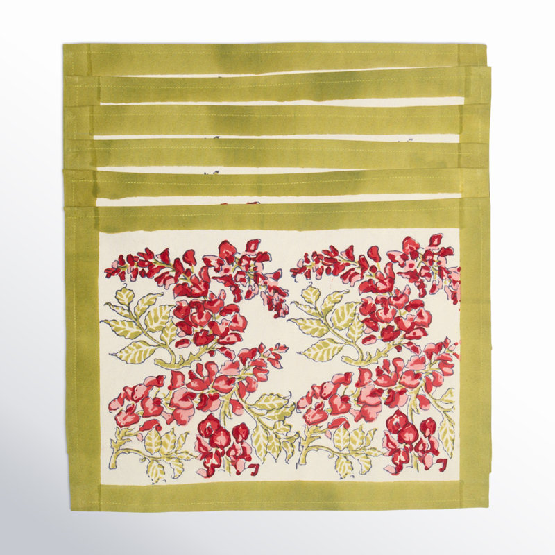 Wisteria 100% Cotton Floral Rectangle Placemat, Green/Pink
