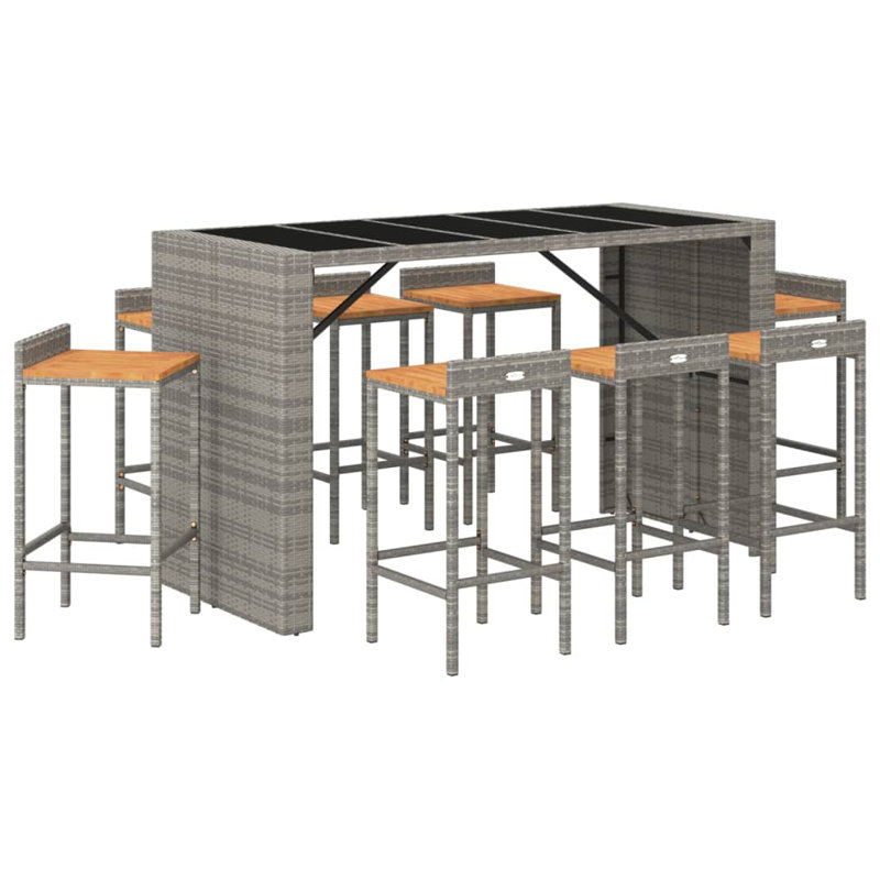 Alekzandra 9 Piece Garden Bar Set Grey Poly Rattan& Solid Wood Acacia, Grey