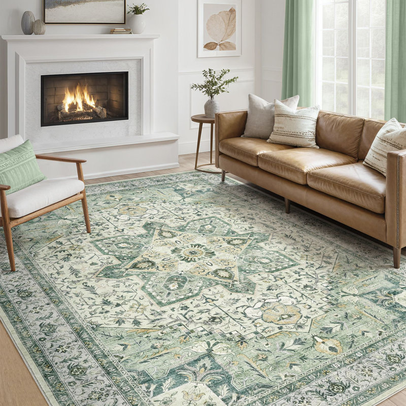 Adona Soft Washable Stain Resistant Vintage Floral Area Rug, Rectangle 10' x 14', Green