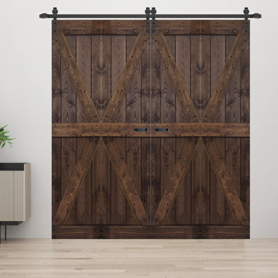 Porte de grange double pliante en bois massif de style K avec ensemble de quincaillerie - Assemblage requis