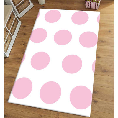 Tapis rose / ivoire en polyester tissé à la machine à pois Delfazio