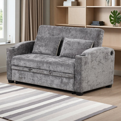 61.42" Pull Out Sofa Bed Modern Chenille Convertible Loveseat Sofa With Adjsutable Backrest, 2 Pillows, Cup Holders, USB Ports For Living Room