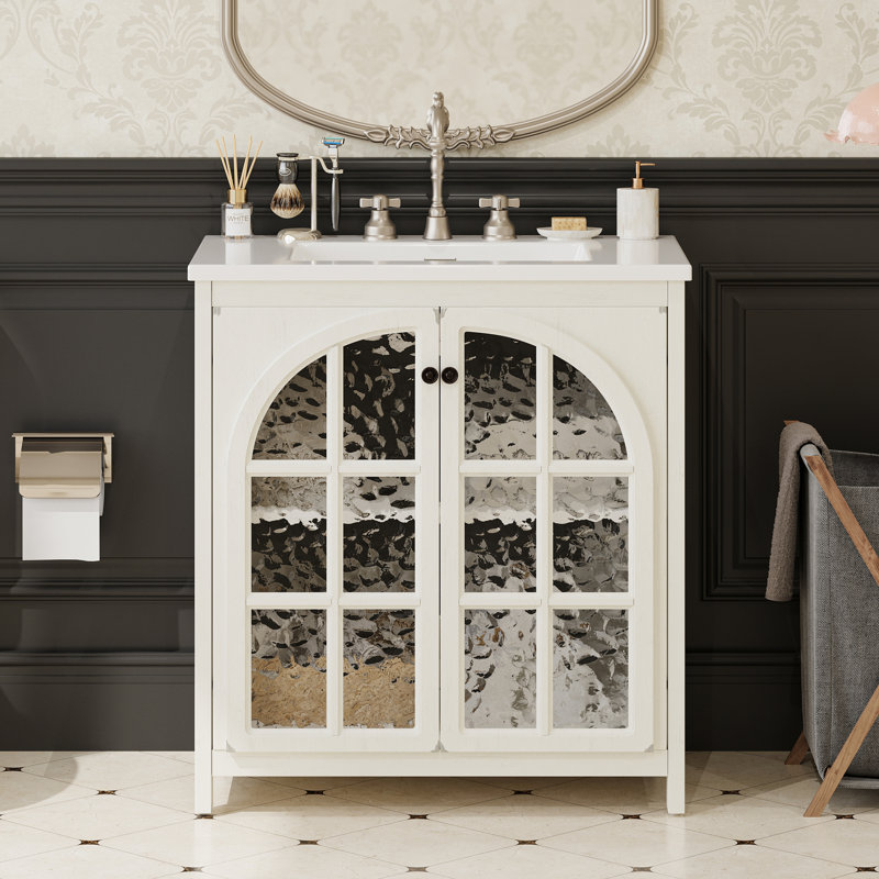Meuble-lavabo Farmhouse avec lavabo en céramique, Blanc antique