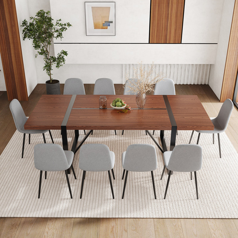 Ensemble de table de salle à manger en bois 87 po avec chaise rembourrée en cuir PU, Gris, 11 pièces: table, 10 chaises