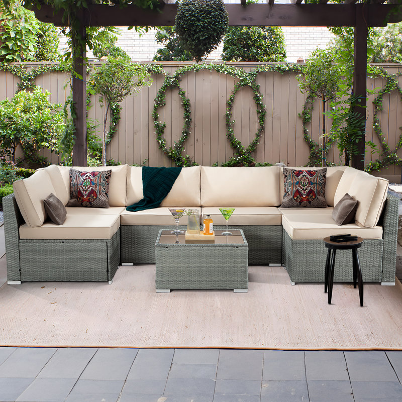 7-Piece Outdoor Seating Group with Cushions, Beige