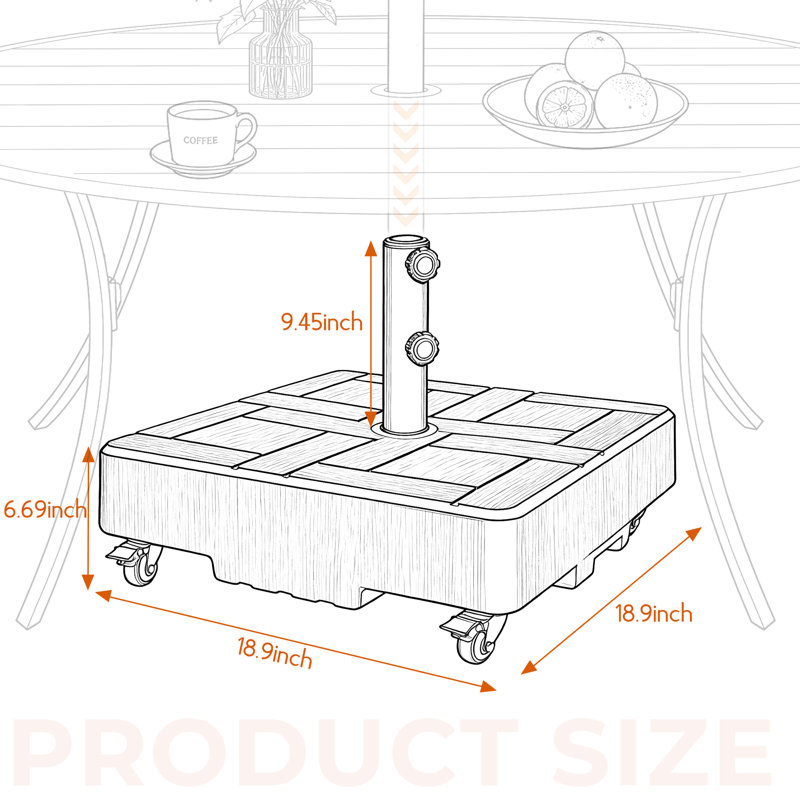 Base de parasol de patio avec capacité de charge de 105 lb, base de parasol mobile remplissable avec roues, support de marché carré pour l'extérieur, 4 serrures, 2 boutons