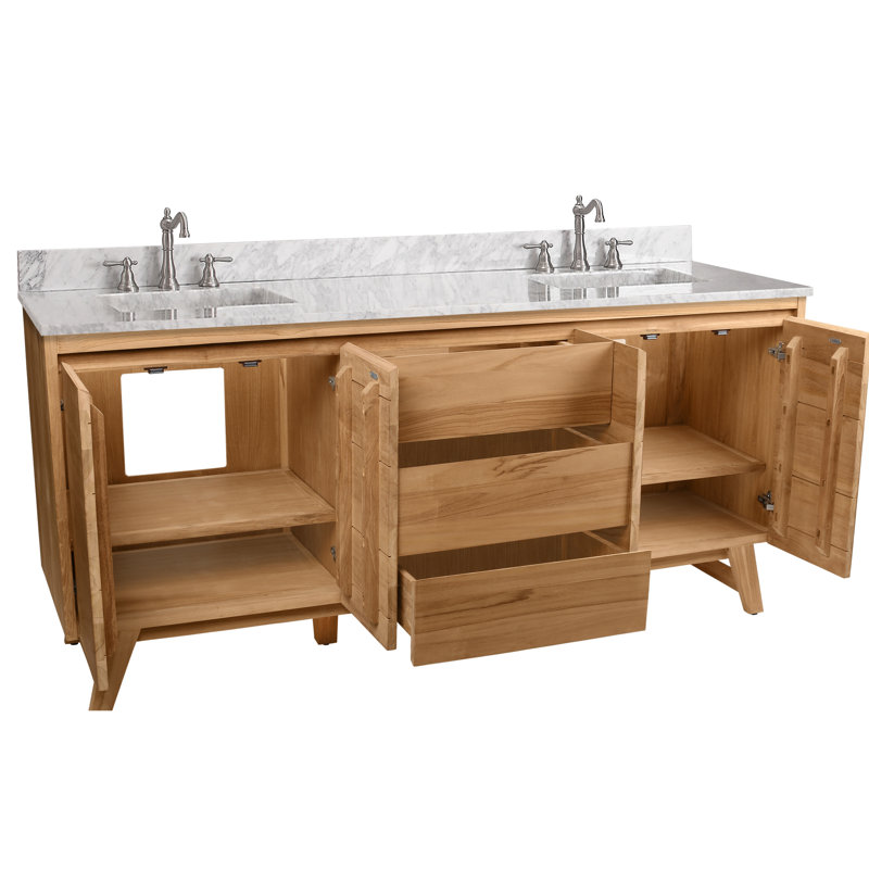 Meuble-lavabo double 73 po avec plateau en marbre Coventry, Teck naturel