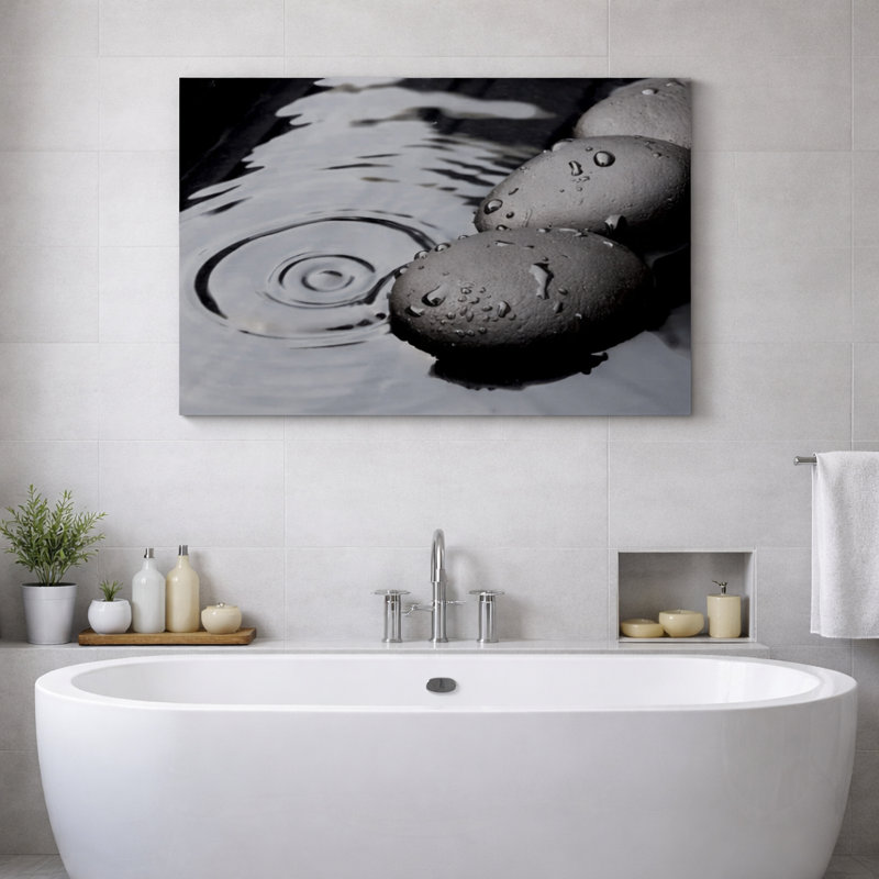 Zen Zen Stone, "Black Spa Rock Ripples In The Water", Serene Calm, H 32 po x l 48 po, Toile tendue