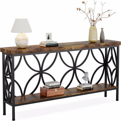 70.9" Extra Long Industrial Console Table, Narrow Sofa Table Behind Couch With Open Storage Shelves, Rustic Entryway Table