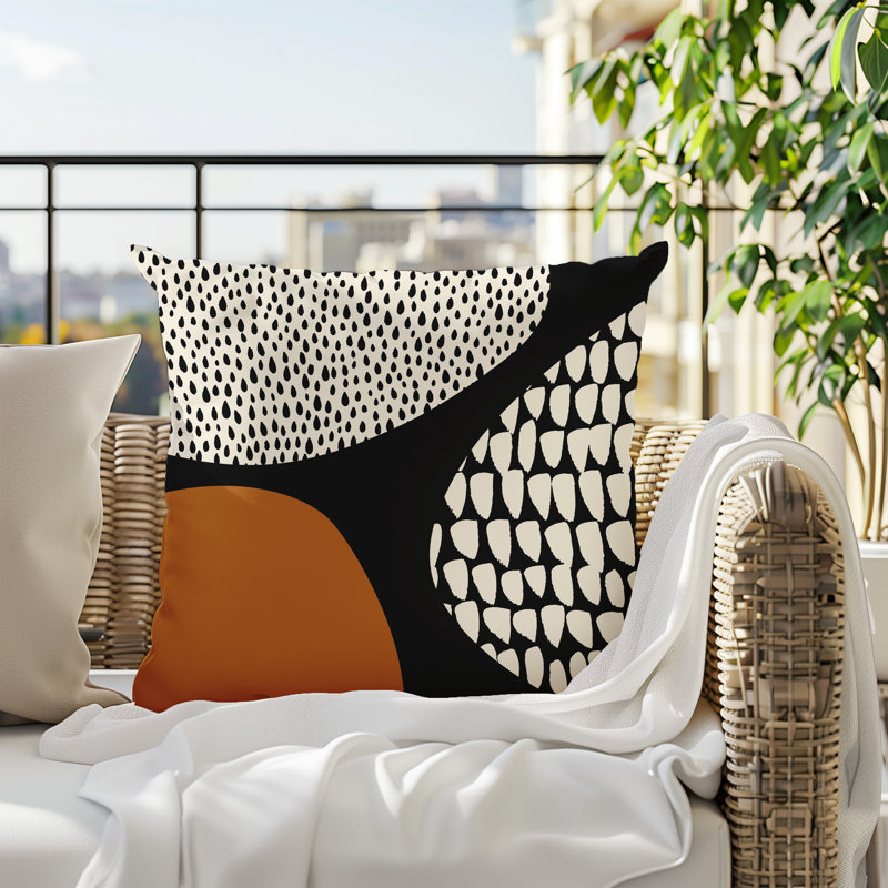 Coussin carré intérieur / extérieur pia, H 17 po x l 17 po, Orange brûlé / noir / blanc cassé