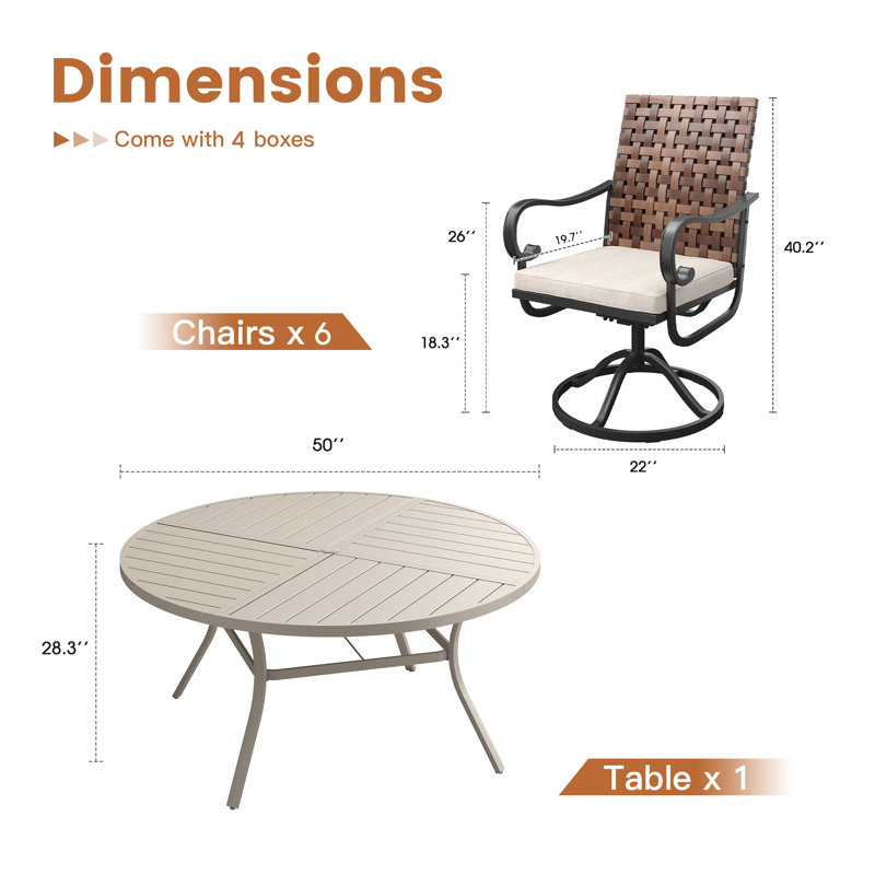 6-Person 50" Round Outdoor Dining Set With Cushioned Swivel PE Rattan Dining Chair, Beige