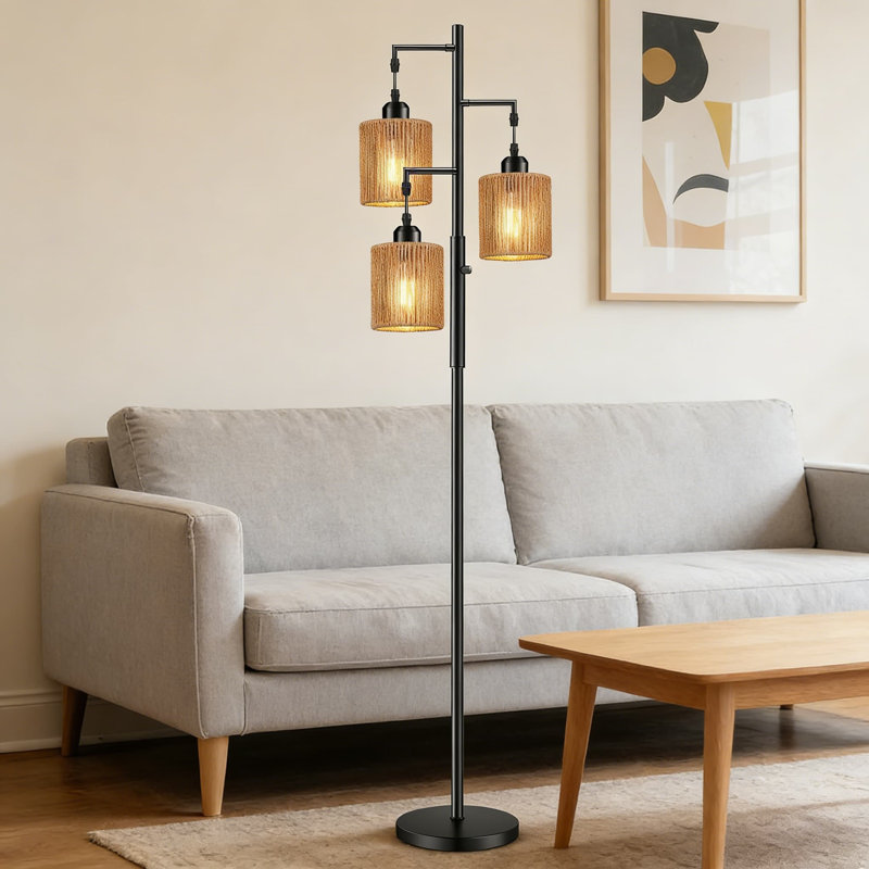 72-Inch Dimmable Rattan Floor Lamp With Handcrafted Shade, Industrial Tree Design Standing Lamp For Living Room, Bedroom, And Office, Includes 3 LED Bulbs
