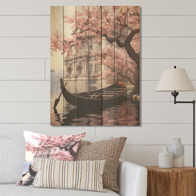 «Pink Romantic Landscape Canoe By The Lake House» - Paysage romantique sur bois