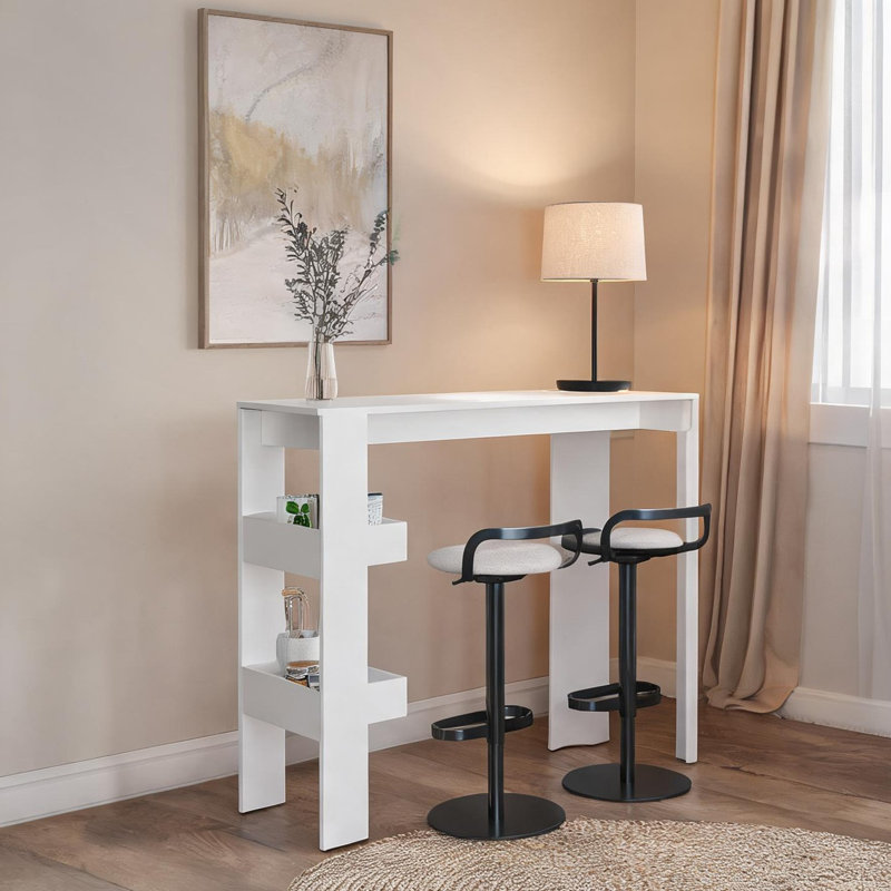 Table de bar avec tablette de rangement intégrée, conception rectangulaire compacte, 2 sièges, finition en bois manufacturé aux tons blancs