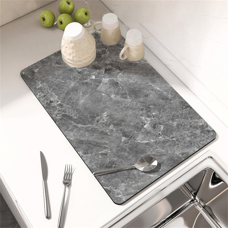 Dish Drying Mat Super Absorbent Hide Stain Dish Drying Pad with Non-slip Rubber Backed, Gray, 1" H x 11.8" W x 15.8" D