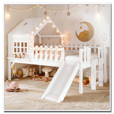 Lit mezzanine avec glissade House, lit maisonnette avec motifs en forme d'étoile en forme de lune et fenêtre, design chic avec lumières DEL