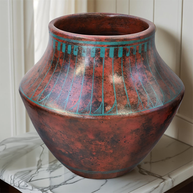 Southwest Style Fine Art Turquoise Motif Pot- Large