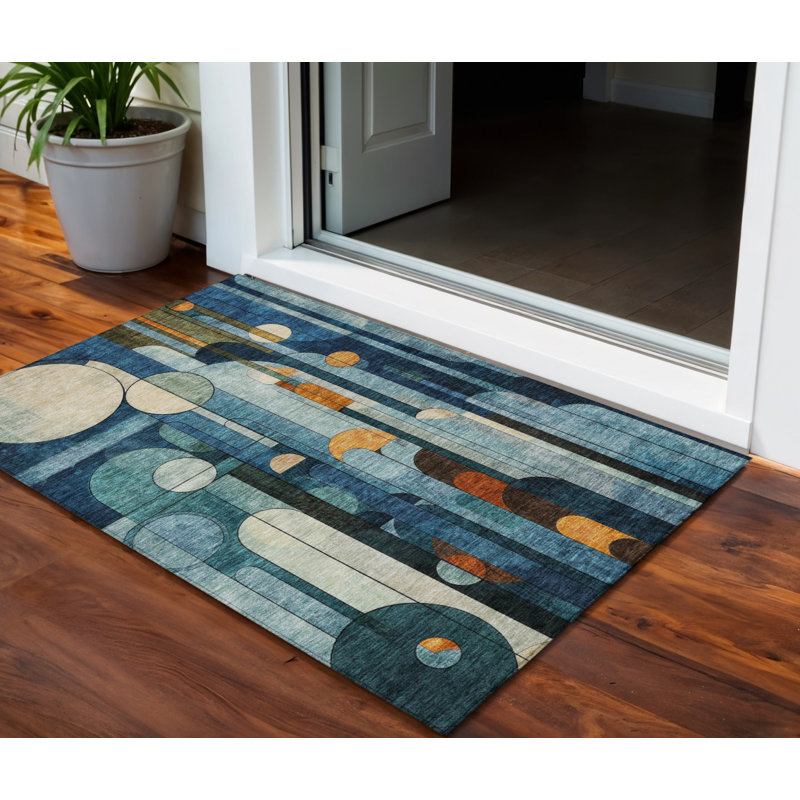 3' X 5' Blue Ivory And Copper Geometric Washable Indoor Outdoor Area Rug