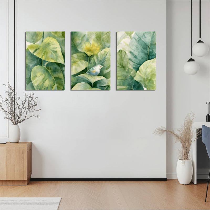 «Tropical Bird and Monstera Leaves», reproduction d'art sur toile tendue sur toile (ensemble de 3), H 18 po x l 36 po
