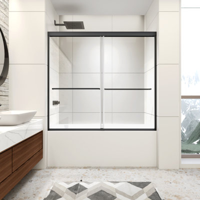 56-60" W x 58" H Semi-Frameless Bathtub Shower Door, Double Sliding Shower Door for Tub with 1/4" (6mm) Clear SGCC Tempered Glass, Matte Black Finish Shower Doors, Reversible Installation