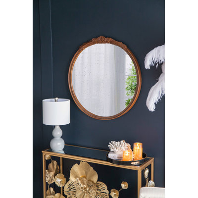 30"X30" Round Hand Carved Rose Antique Mirror Frame, Wall Mirror For Live Space, Bathroom, Entryway Wall Décor