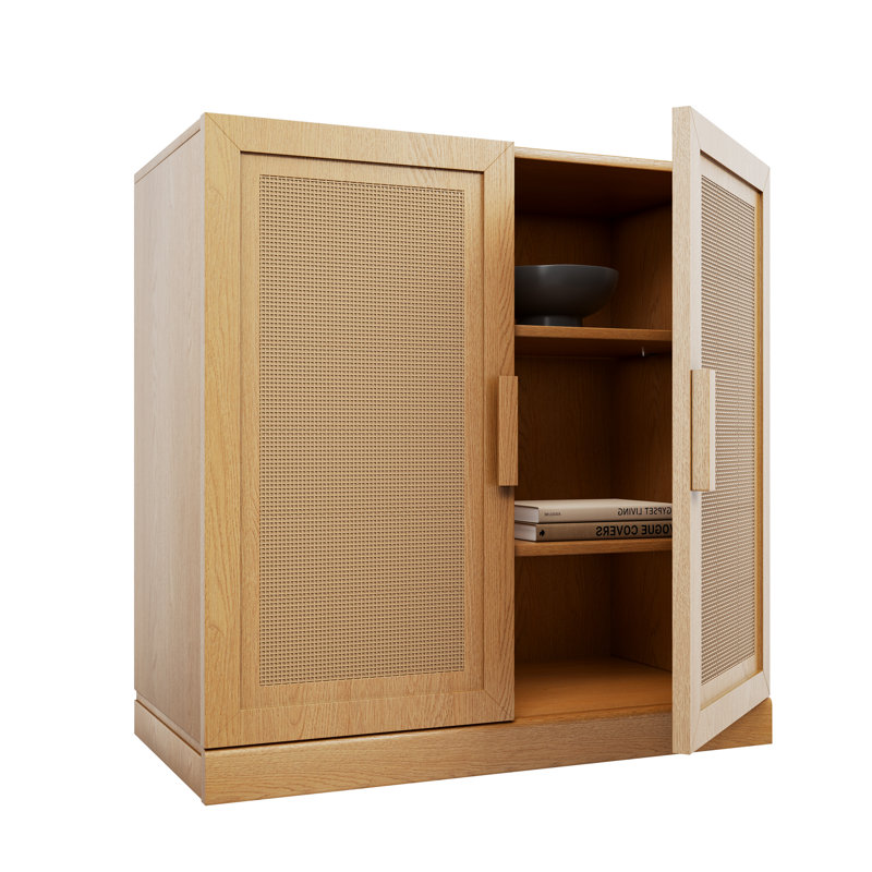 Armoire d'appoint en bois massif avec portes en rotin Caleb, Chêne, H 31 po x l 31 po x P 16 po
