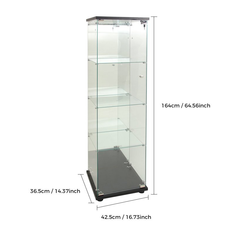 Desoto 4-Tier Glass Display Cabinet with LED Lighting, Lockable Single Door Curio Cabinet with Key, Mirror Back Display Case for Collectibles, Figures, Books and Decor