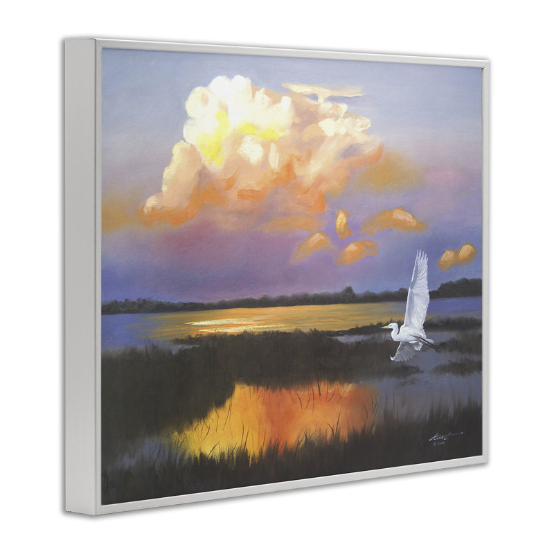 «Egret Over Cloudy Reflection», estampe numérique par D. Rust, Giclée encadrée blanc bord de mer, H 11 po x l 14 po