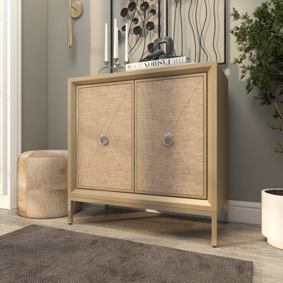 Schlemmer Wooden Upholstered Front Panel 2 Door Beige Cabinet with Mirrored Top and Ring Handles