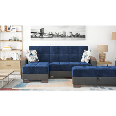 Convertible Chaise Lounge In Blue Microfiber With Storage, 3 Seating Spaces, 80.3” X 68.8” Sleeper Function, Click - Clack Feature, 1000 Lbs Support, Thick Cushions, Metal And Steel Frame Of Seats,