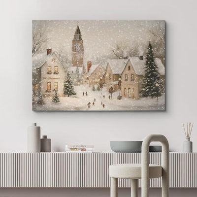 «Vintage Winter Snowy Village Landscape Country Christmas Holiday Decor», reproduction d'art sur toile encadrée