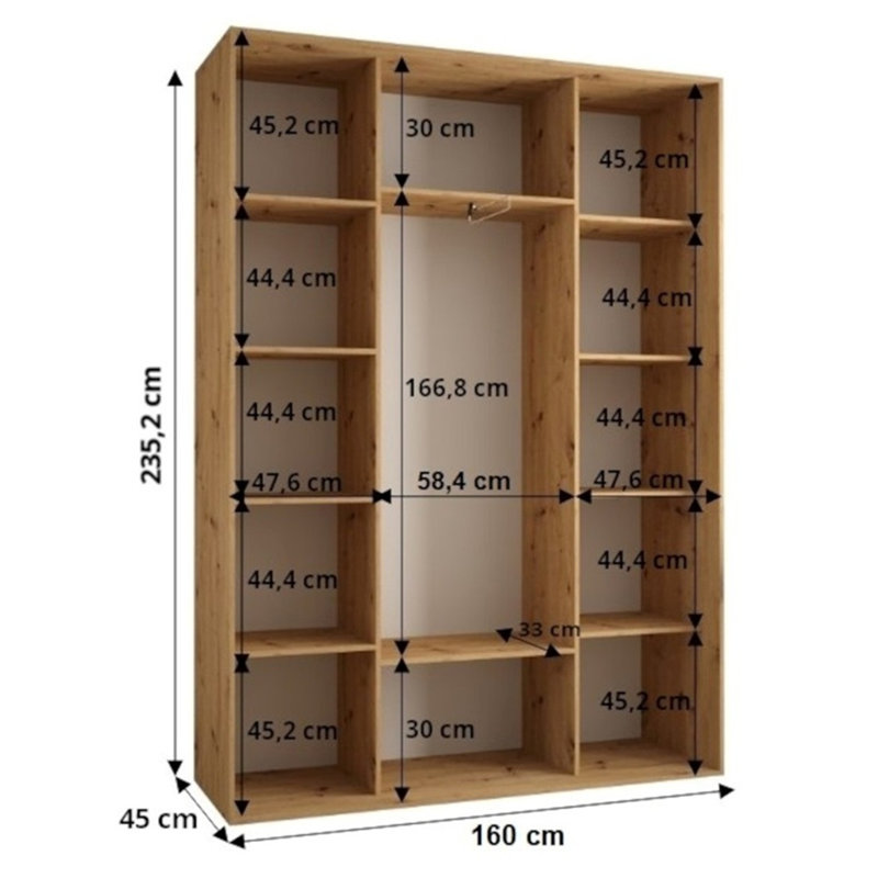3 Door Manufactured Wood Wardrobe, Natural, 235.2cm H x 160cm W x 45cm D