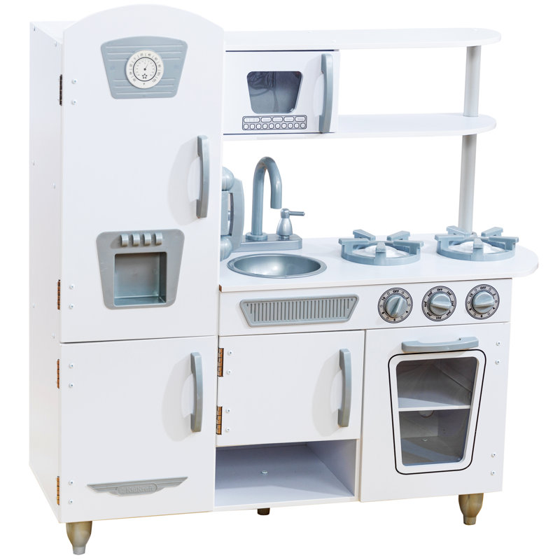 White Vintage Wooden Play Kitchen with Phone and Ice Maker