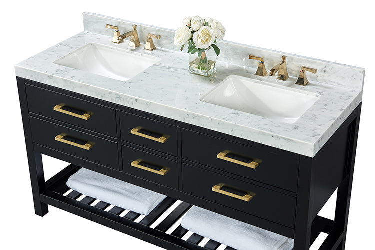 Elizabeth 60'' W Double Vanity, Black Onyx/Brushed Gold, Carrara White Marble