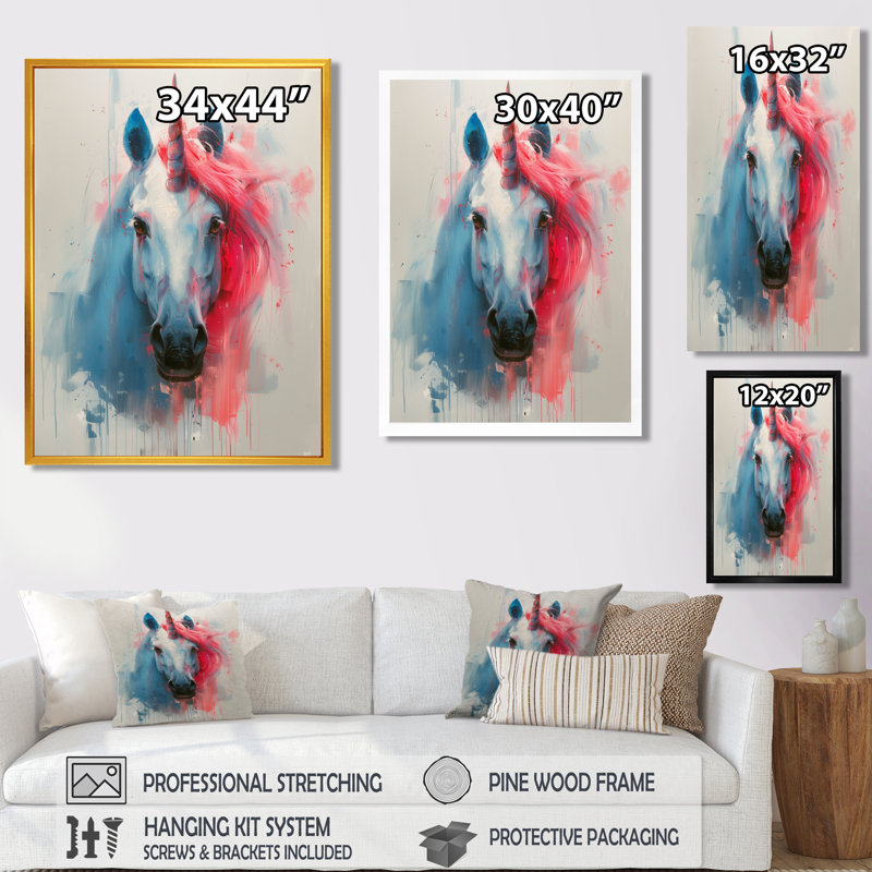 Décoration murale licornes blanches et roses - Licornes, Cadre simple noir, bois massif, H 34 po x l 44 po