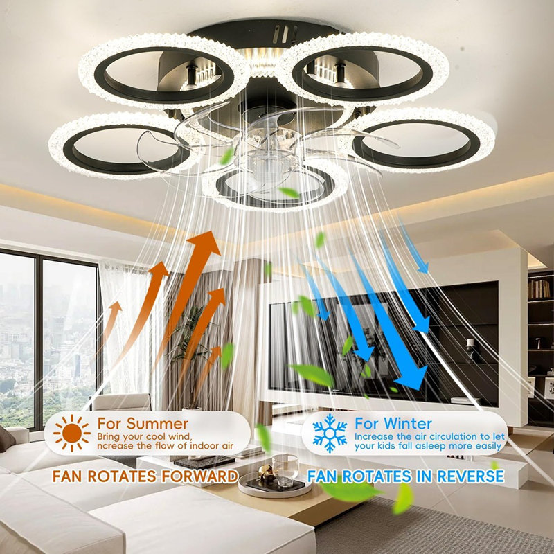 53CM Smart Ceiling Light With Fan DC Motor 6 Gear Reversible Bed...