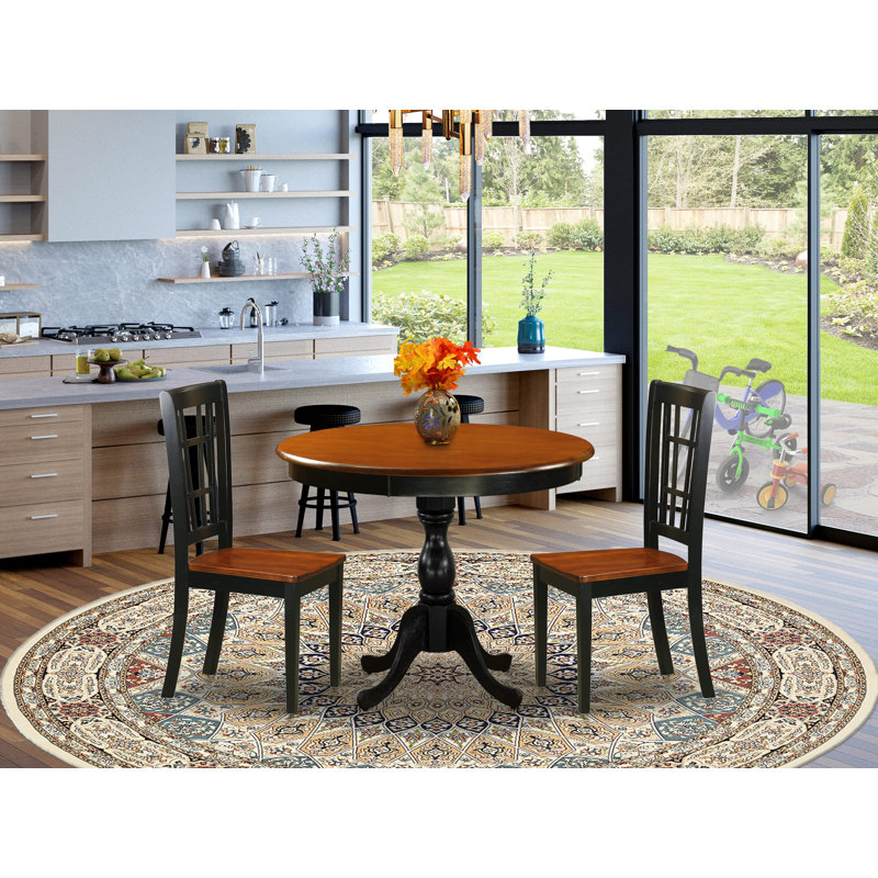 3-Piece Modern Dining Table Set Contains a Dining Room Table and 2 Dining Chairs with Slatted Back - Black Finish, Wooden