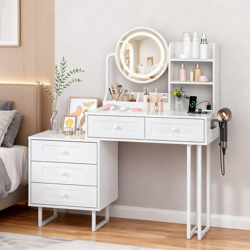 Lighted Vanity Table - LED 3-Color Dimmable Touch Mirror, 5 Drawers, Power Strip, White/White
