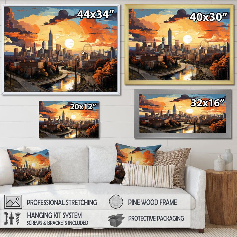 Atlanta Popart Landscape III - impression, Cadre photo noir, H 16 po x l 32 po x P 1 po