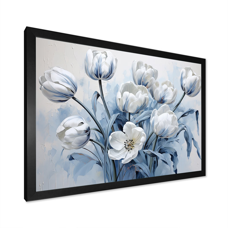 Minimalisme, tulipes bleues et blanches, coup de pinceau sur toile, Cadre simple noir, H 12 po x l 20 po x P 1 po